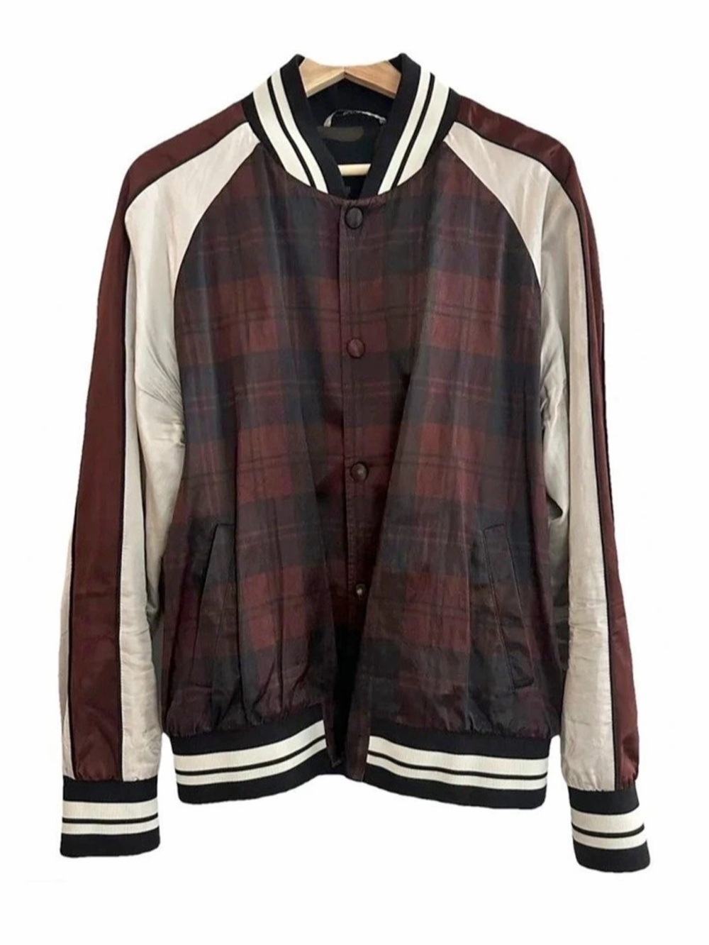 Valentino Plaid Bomber Jacket in Burgundy & Black Size 50